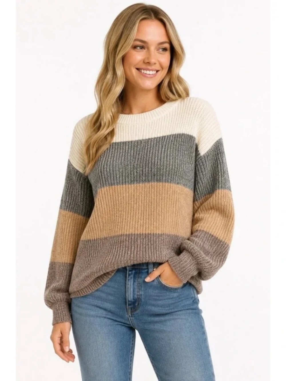 Pink Lily Color Block Ribbed Knit Sweater Cream Gray Tan Brown Balloon Sleeve